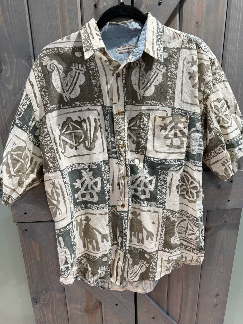 Vintage Bugle Boy Men’s Medium Ramie Cotton Abstract Print Shirt 90’s Tribal